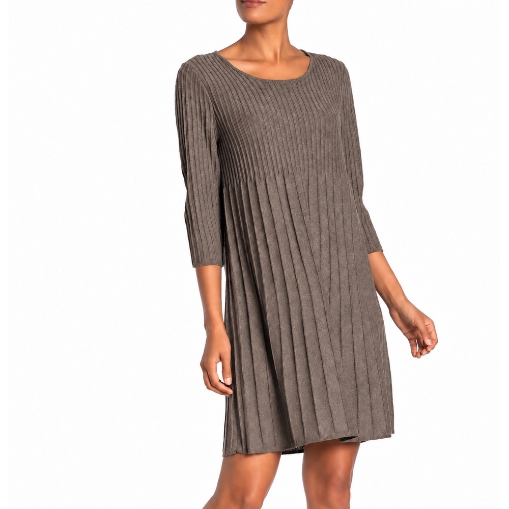 Eileen Fisher Sweater Knit Dress Washable Wool Rib Release Pleat Brown XXS